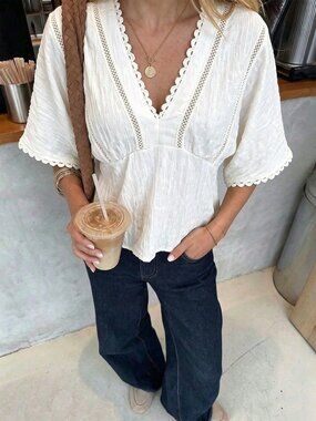 White Casual Women's French Lace Deep V-Neck Short Sleeve Regular Fit Peplum Top